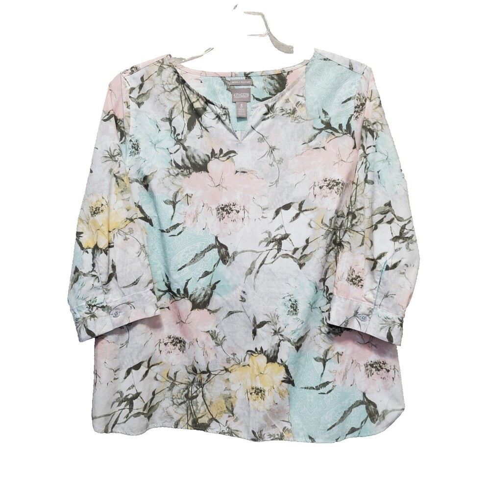 Chico's Wrinkle Resistant Cotton Notch Neck Floral Print Blouse Size 3 (XL)